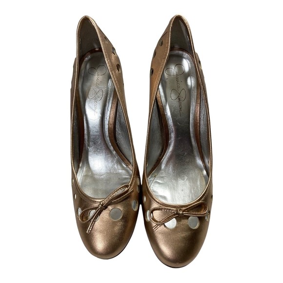 Jessica Simpson Heels Pumps Gold Leather Laser Cut Womens 8.5B Made in Brazil - Picture 3 of 10